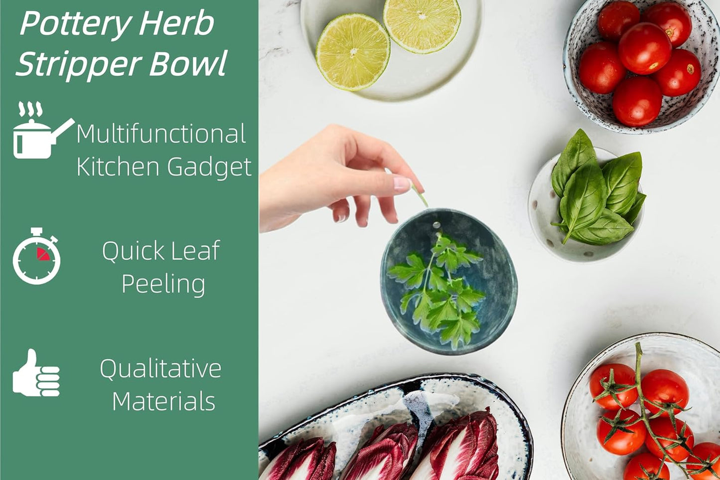 Pottery Herb Stripper Bowl – 4-Slot Herb Stripper for Kale, Herbs & Broccoli | Dishwasher-Safe, Ergonomic Design | Fast Leaf Removal, Space-Saving for Kitchens & RVs(Cyan)