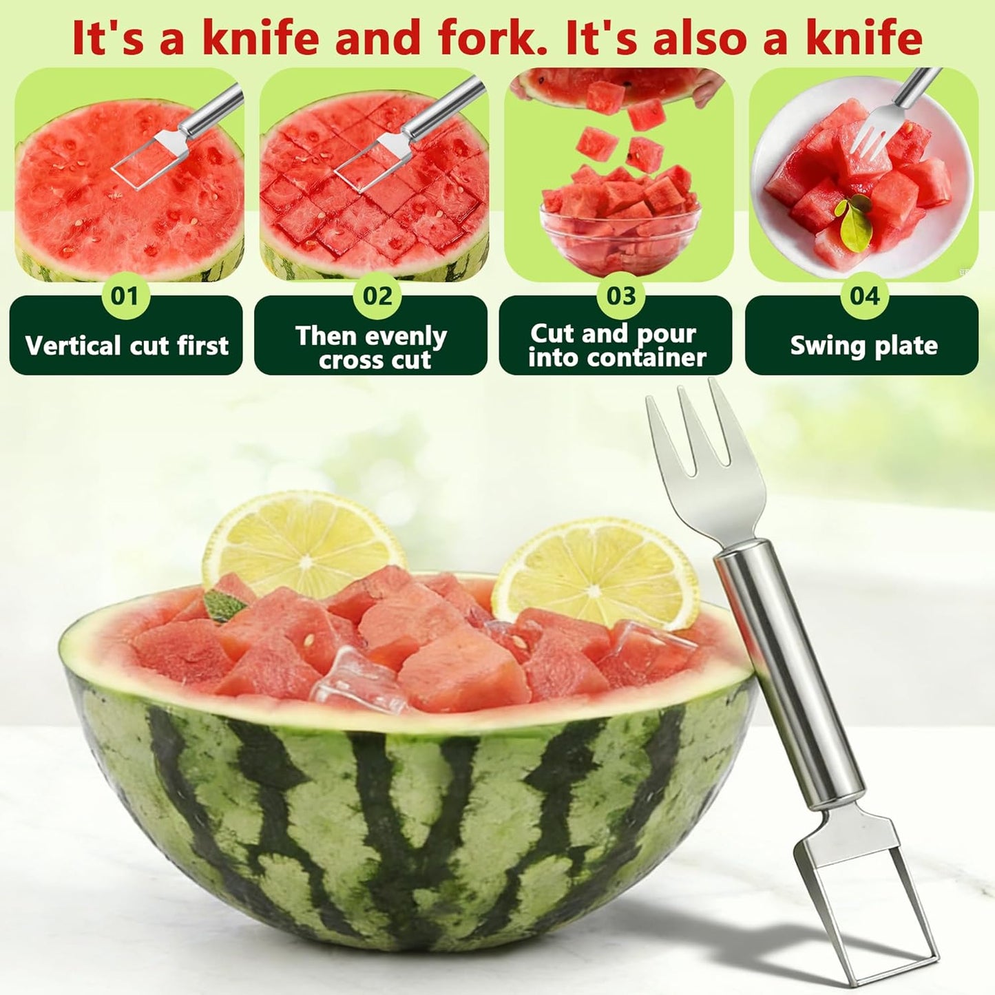 Watermelon Cutter, 2-in-1 Stainless Steel Fruit Cutter, Dual Head Watermelon Fork Slicer Tool, Summer Fruit Cutting Kitchen Gadget for Home (Round-2PCS)