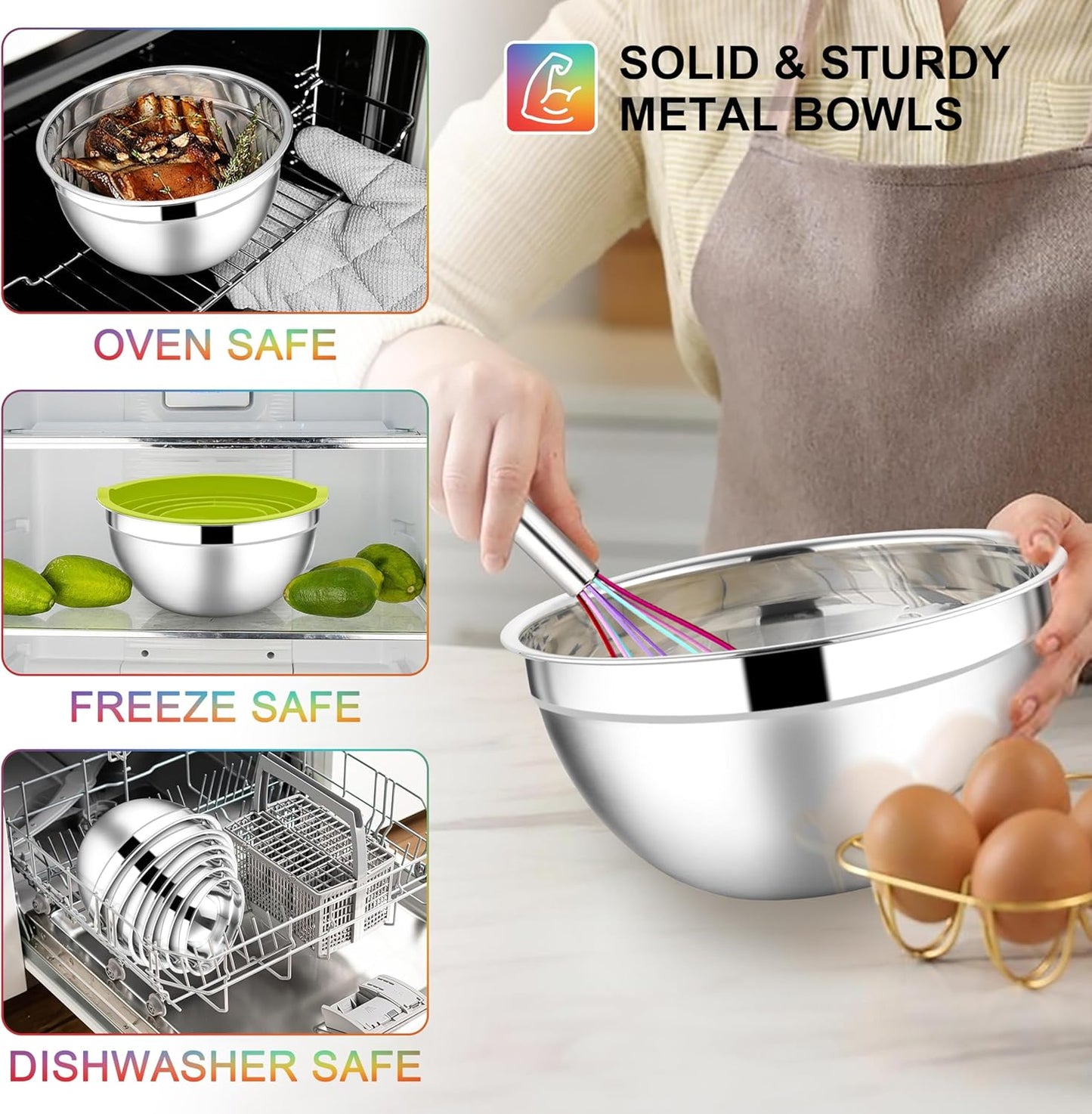 E-far Stainless Steel Mixing Bowls with Lids Set, 5-Piece Nesting Salad Bowls with 3 Grater Attachments and Non-Slip Bottoms, Size 4.6, 2.6, 2, 1.5, 1QT for Kitchen (Black)