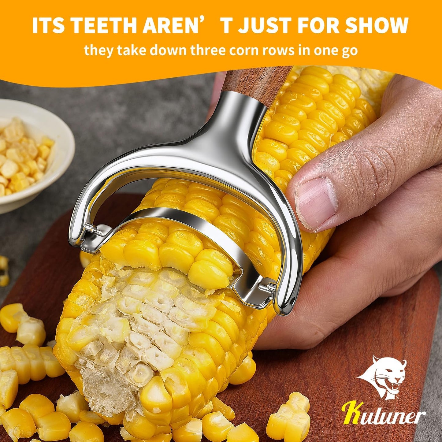KULUNER Durable Stainless Steel Corn Peeler with Polished Wood Handle Corn on the Cob Stripper Kernel Remover Easy Use Corn Kernel Cutter Kitchen Gadget（Rosewood）
