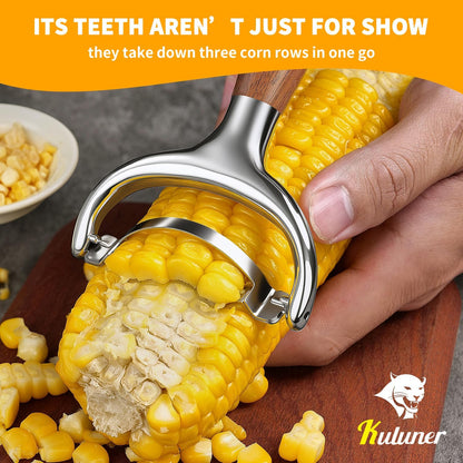 KULUNER Durable Stainless Steel Corn Peeler with Polished Wood Handle Corn on the Cob Stripper Kernel Remover Easy Use Corn Kernel Cutter Kitchen Gadget（Rosewood）