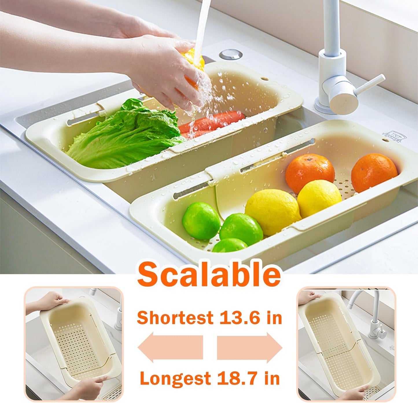 Ceruaxb Collapsible Over the Sink Colander Strainer Basket, Plastic Fruit Vegetable Strainer Drainer Basket for Kitchen (2, Grey)
