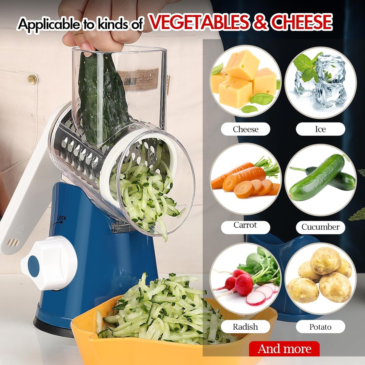 Ourokhome Rotary Cheese Grater Hand Crank, Kitchen Shredder Speed Mandolin Slicer Nut Grinder with Handle and Drum Blades for Cheese, Vegetable, Walnut, Chocolate, Potato, Carrot, 3 Blades, Dark Blue
