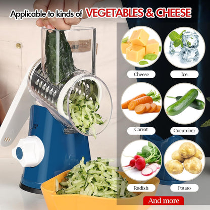 Ourokhome Rotary Cheese Grater Hand Crank, Kitchen Shredder Speed Mandolin Slicer Nut Grinder with Handle and Drum Blades for Cheese, Vegetable, Walnut, Chocolate, Potato, Carrot, 3 Blades, Dark Blue