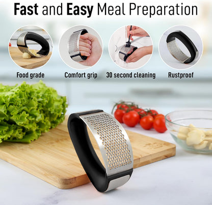 Zulay Stainless Steel Garlic Press Rocker Set - Premium Garlic Mincer Garlic Crusher - New Innovative Garlic Crusher with Peeler and Scraper - Comfortable Grip (DeepBlack)