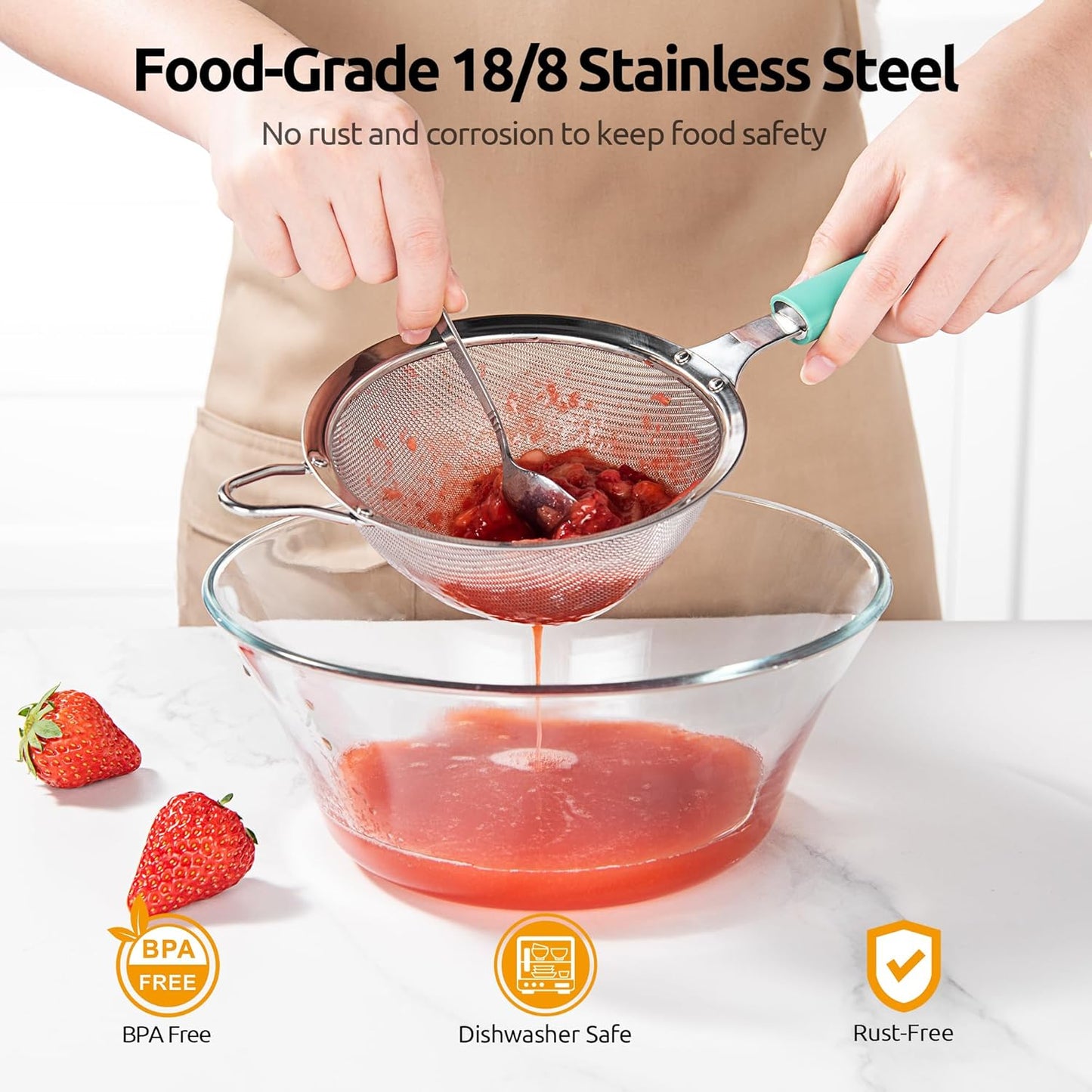 U-Taste Medium Fine Mesh Strainer: 18/8 Stainless Steel 4.73in 30 Mesh Kitchen Food Sieve with Sturdy Riveted Silicone Handle, Heavy Duty Deep Handheld Metal Colander for Rice, Quinoa, Flour (Black)