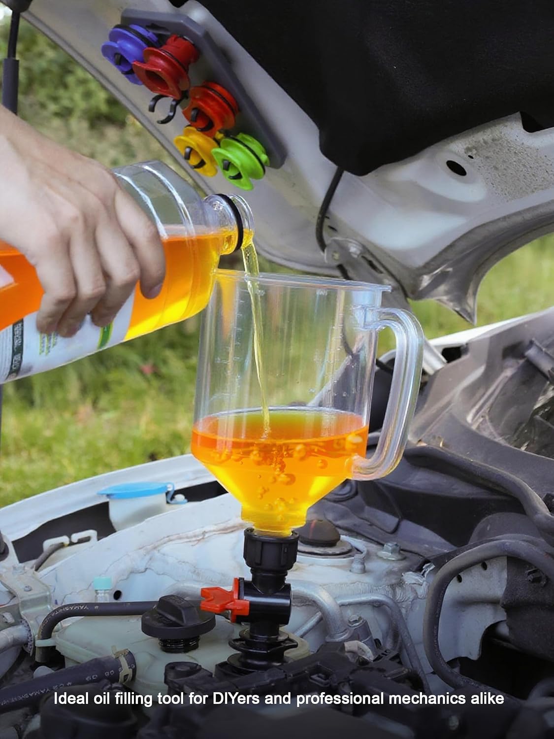 SMART JERRY - Spill-Proof Engine Oil Funnel Kit｜Oil Change Funnel w/ 12 Adapters & 2 Magnetic Adapter Organizer Boards｜Transparent Body w/Scale & Shut-Off Valve｜Universal Fit