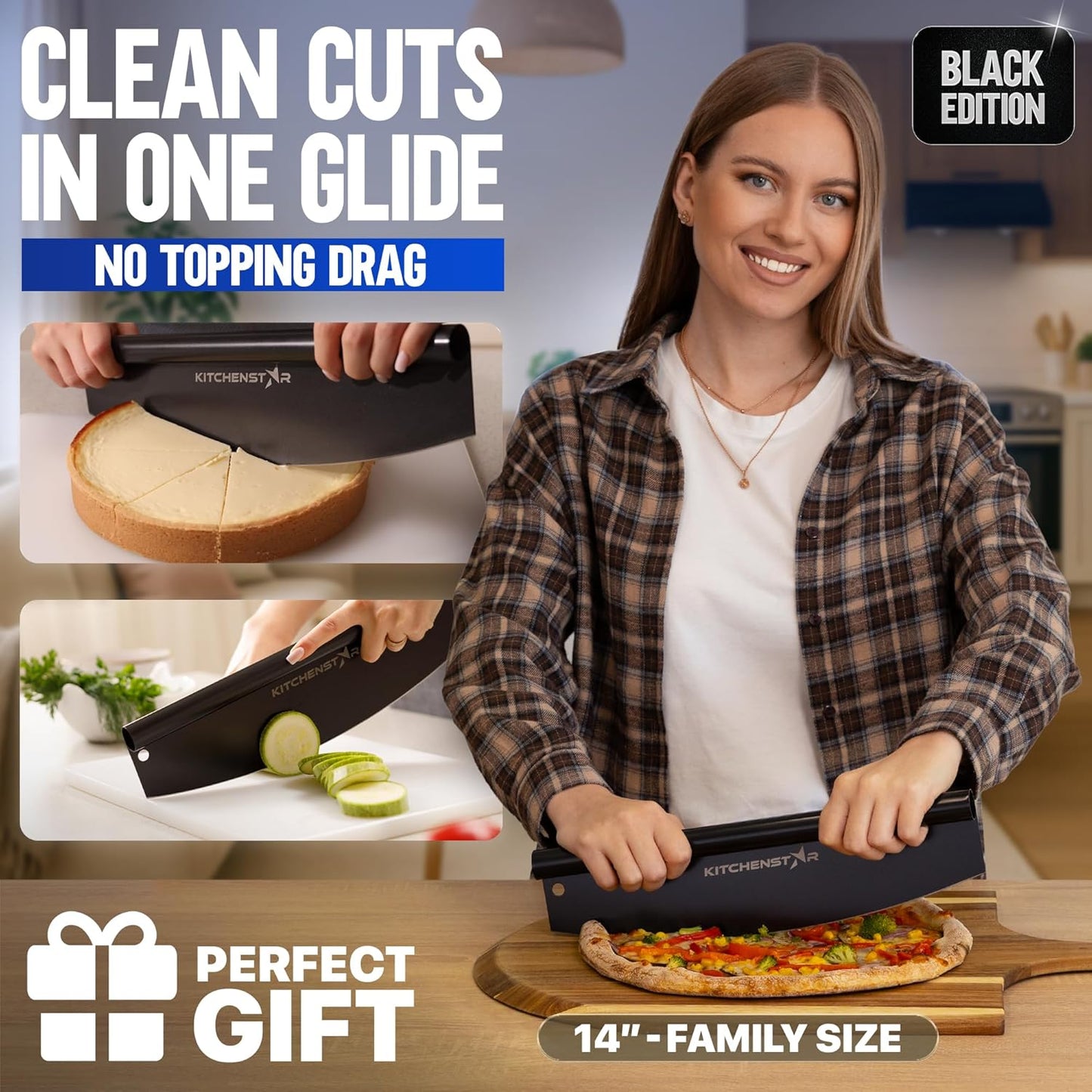 KitchenStar 14-Inch Pizza Cutter Rocker Blade - Sharp Stainless Steel Slicer Knife, Protective Cover, Dishwasher Safe, Large - Professional Pizza Oven Accessories