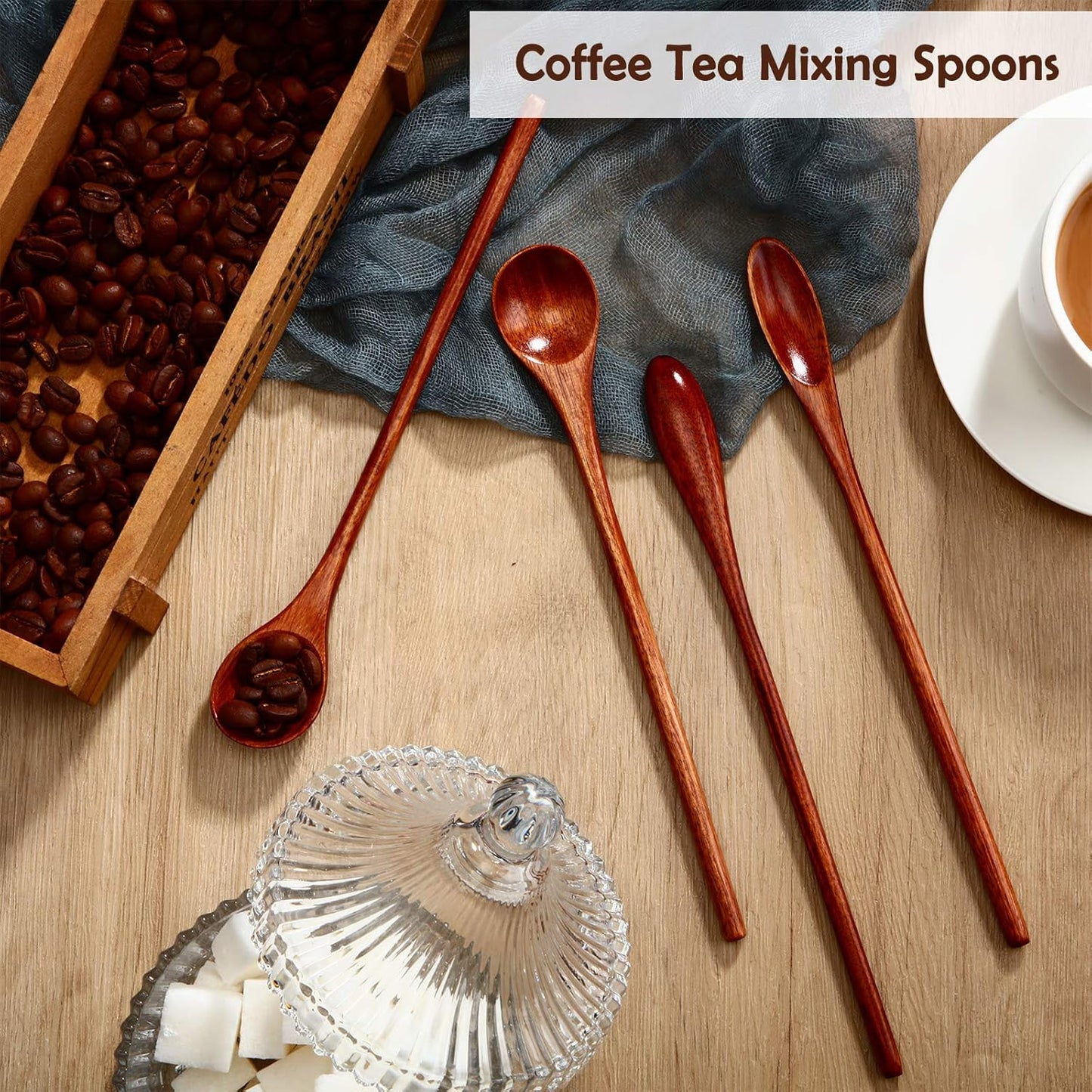 Patelai 10 Pieces Wooden Coffee Spoons Long Handle Mixing Wooden Spoon Handmade Stirring Teaspoon for Kitchen Stirring