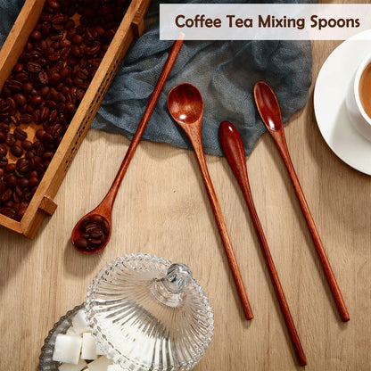 Patelai 10 Pieces Wooden Coffee Spoons Long Handle Mixing Wooden Spoon Handmade Stirring Teaspoon for Kitchen Stirring