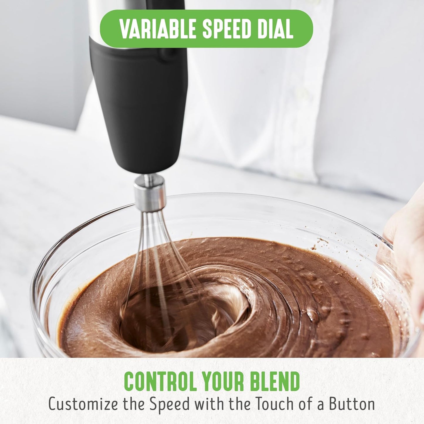 GreenLife 500-Watt Immersion Electric Handheld Stick Blender with Stainless Steel Blades, Whisk, Frother, Measuring Cup and Lid, Soups, Puree, Cake, Multi-Speed Control, Portable, Turquoise