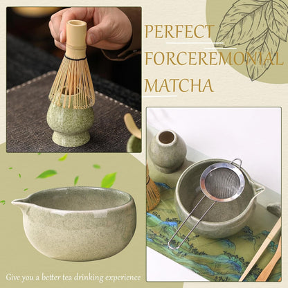 8 Pcs Matcha Whisk Set Chasen Matcha Whisk Bamboo Bowl with Spout Sifter Spoon Scoop Whisk Holder Bamboo Mat Complete Matcha Making Kit (Red Petal)