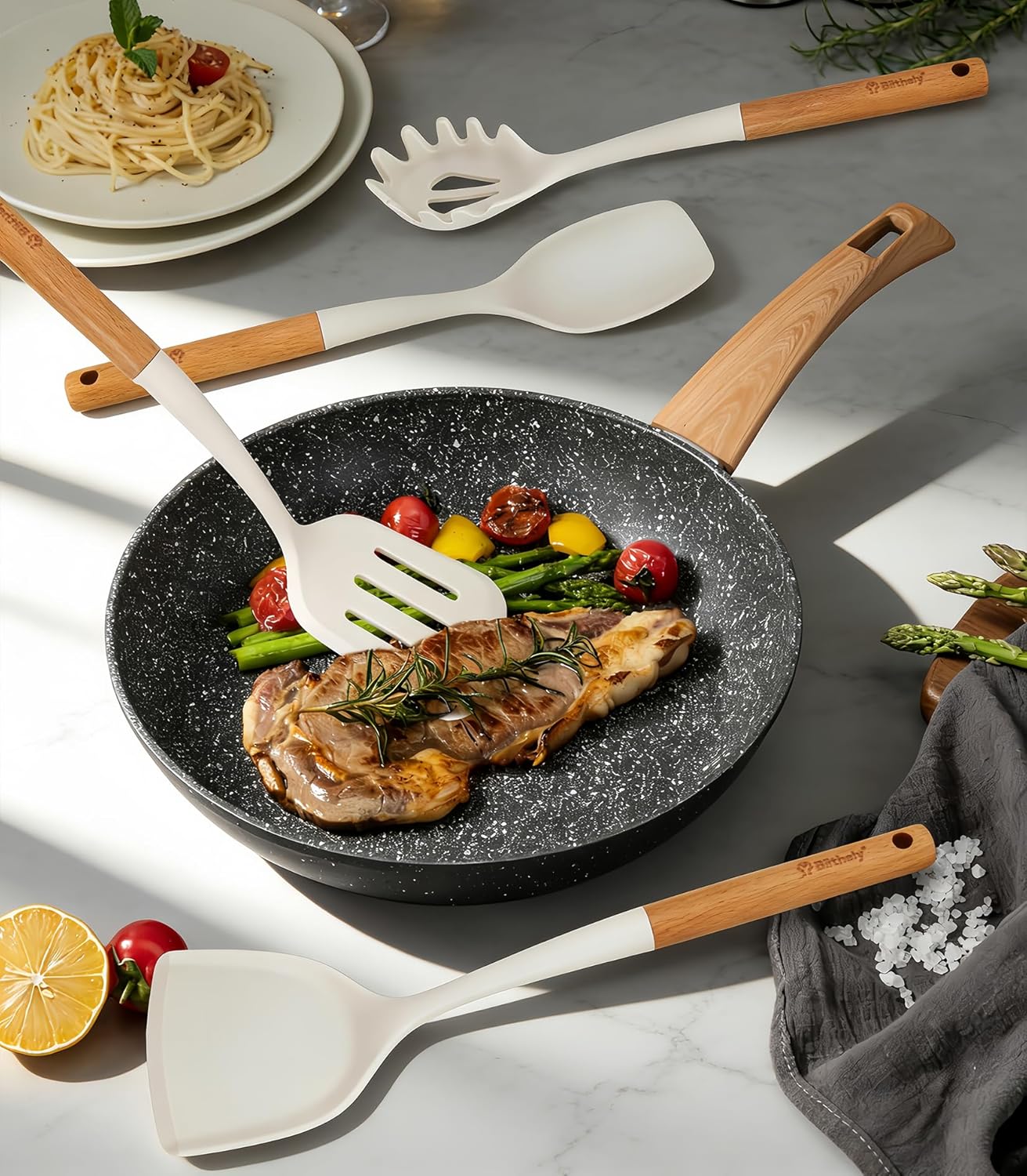 Large Silicone Cooking Utensils Set, 10Pcs Nonstick Kitchen Utensil Set with Wooden Handle, Heat Resistant Silicone Utensils for Cooking, BPA Free Spatula Set with Turners Spoon Ladle Skimmer(Black)