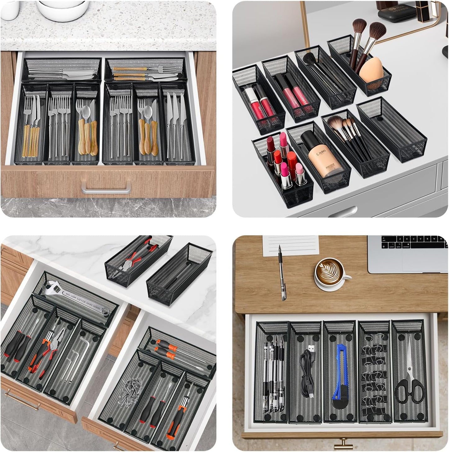 Neudeco Silverware Drawer Organizer - 5 Compartment Cutlery Tray with Non-Slip Feet, Mesh Wire Flatware Storage Divider for Kitchen, Bedroom, Living Room (Silver)
