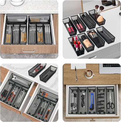 Neudeco Silverware Drawer Organizer - 5 Compartment Cutlery Tray with Non-Slip Feet, Mesh Wire Flatware Storage Divider for Kitchen, Bedroom, Living Room (Silver)
