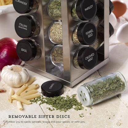 Kamenstein 20 Jar Revolving Countertop Spice Rack with Spices Included, FREE Spice Refills for 5 Years, Polished Stainless Steel with Black Caps, 30020