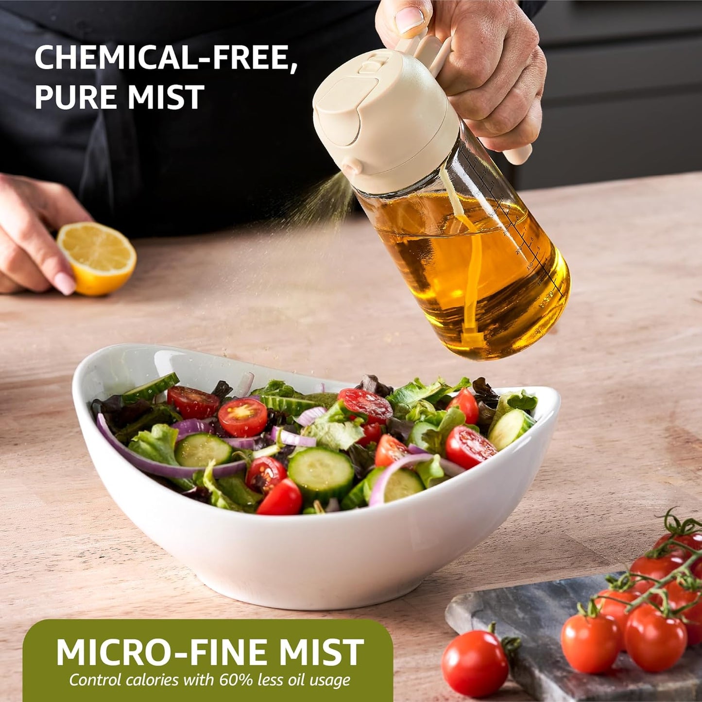 FineDine 16oz Olive Oil Sprayer for Cooking, 2 in 1 Olive Oil Dispenser Bottle for Kitchen, Air Fryer, Salad, BBQ & Baking – Dual Spray Mist & Stream, with Measurement Marks, Black