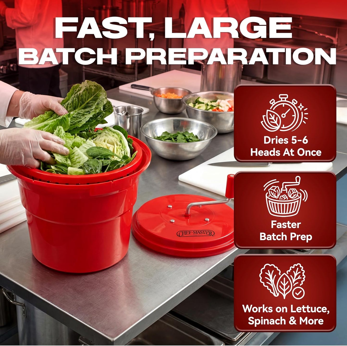 5 Gallon Chef Master Commercial Salad Spinner Dryer – Hand Powered Manual Lettuce Spinner and Fruit Washer Bowl w/ Strainer - Sealed Gearbox, Built In Brake System - Durable Spinner Mechanism - 90005