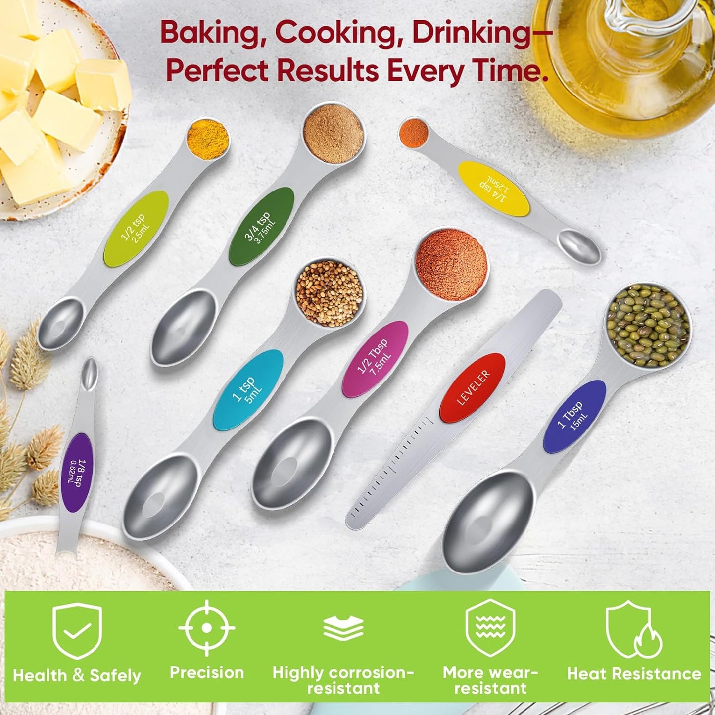 Magnetic Measuring Cups & Spoons Set, Strong N45 Magnets, Heavy Duty Stainless Steel Fits in Spice Jars for Baking & Cooking, BPA Free, Round Set of 15 with Leveler,Dark Black