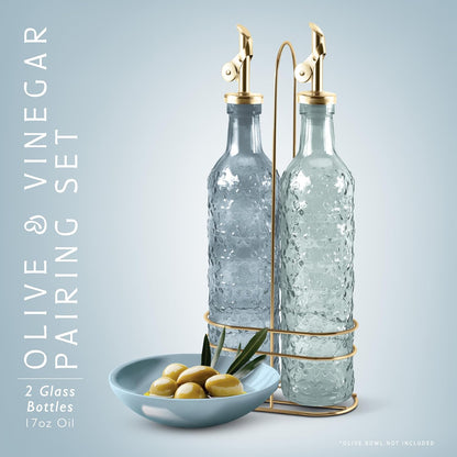 COOK WITH COLOR Glass Olive Oil Bottle Dispenser - 2 Pack- 17oz Oil and Vinegar Cruet - Olive Oil Carafe Decanter for Kitchen, Elegant Waves, Clear