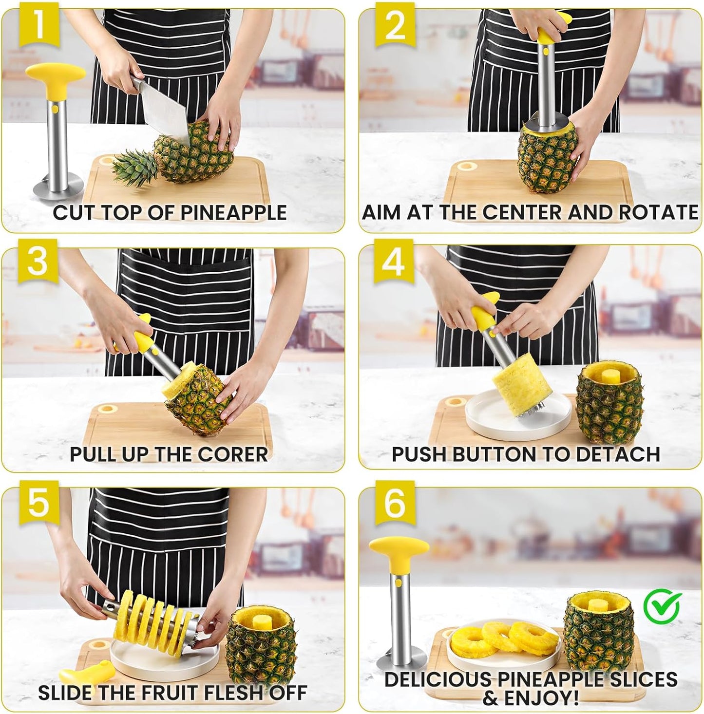 AUBENR Premium Pineapple Corer and Slicer Tool - Sharp Pineapple Cutter with Serrated Tips - Easy to Use and Clean - Stainless Steel Core Remover for Pineapple - Core Fruits with Ease(Yellow)