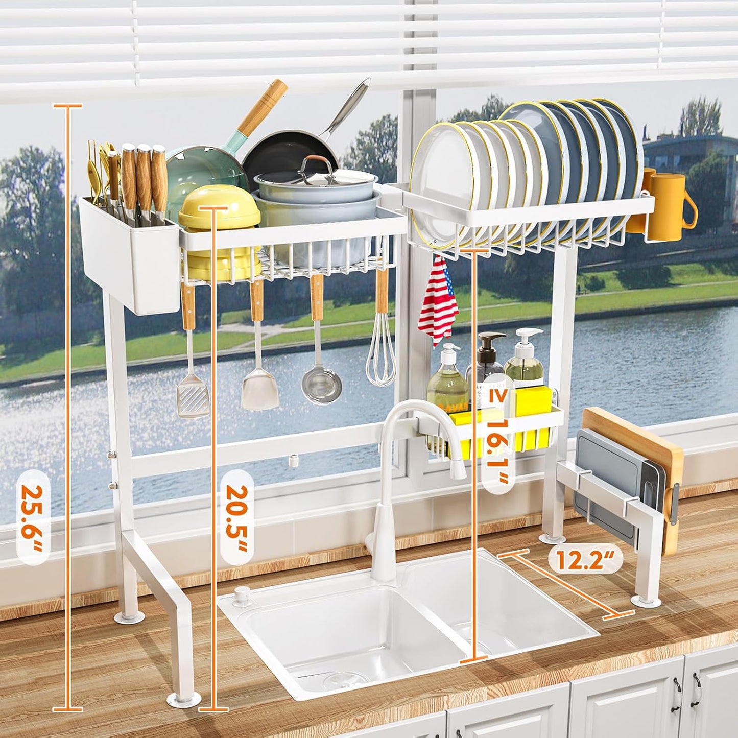 YKLSLH 4 Baskets Over The Sink Dish Drying Rack, Extendable Large Capacity Sink Rack, Metal Drying Rack Saving Space,for Most Sinks (26.57"-35")