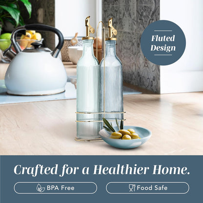 COOK WITH COLOR Glass Olive Oil Bottle Dispenser - 2 Pack- 17oz Oil and Vinegar Cruet - Olive Oil Carafe Decanter for Kitchen, Elegant Waves, Clear