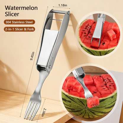 Watermelon Cutter, 2-in-1 Stainless Steel Fruit Cutter, Dual Head Watermelon Fork Slicer Tool, Summer Fruit Cutting Kitchen Gadget for Home (Round-2PCS)