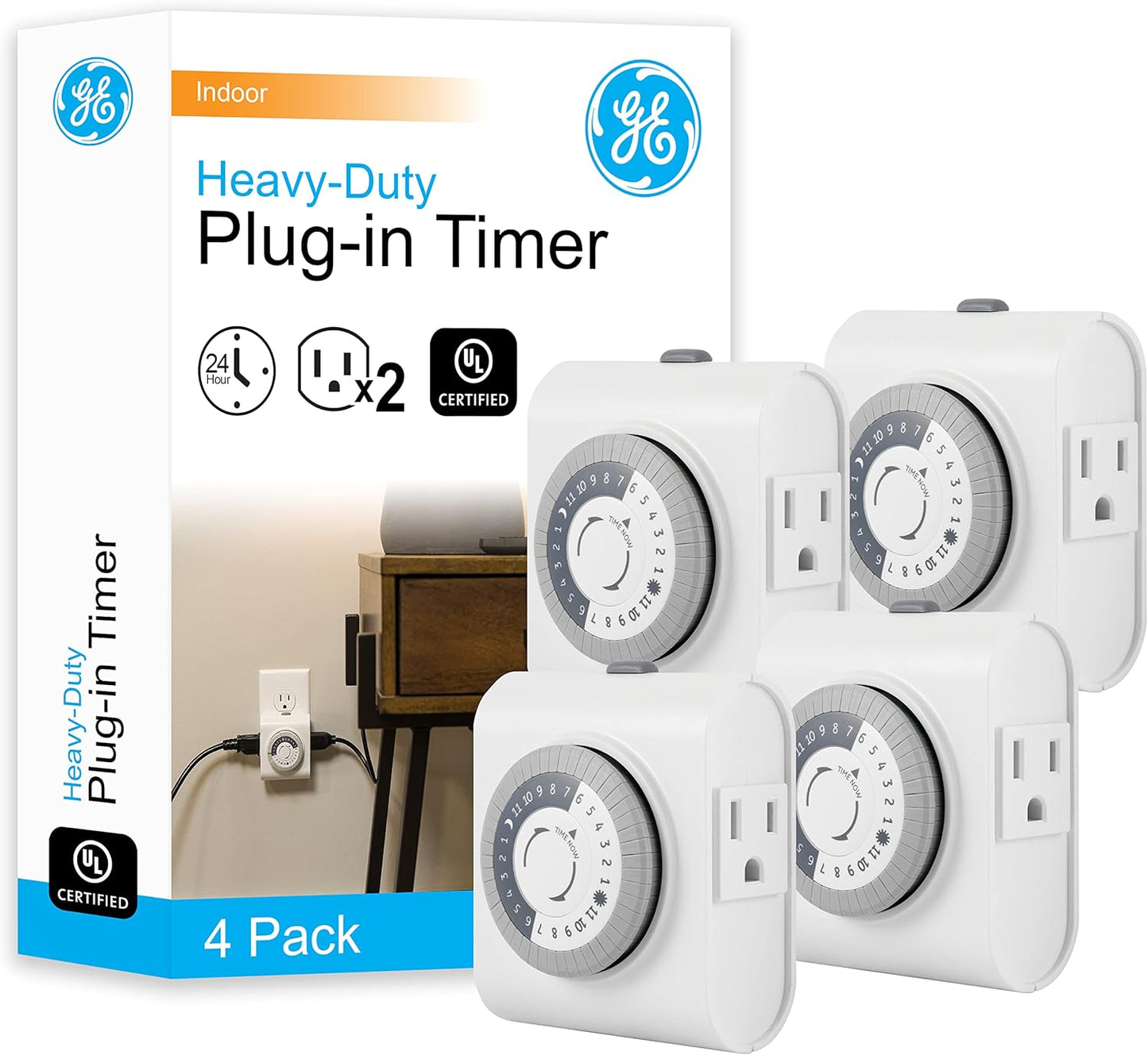 GE 24‑Hour Mechanical Outlet Timer Switch, Dual Grounded Plug‑in Control for Indoor Lighting, Lamps, Christmas Trees, Fans and Small Appliances (2 Pack), 46211