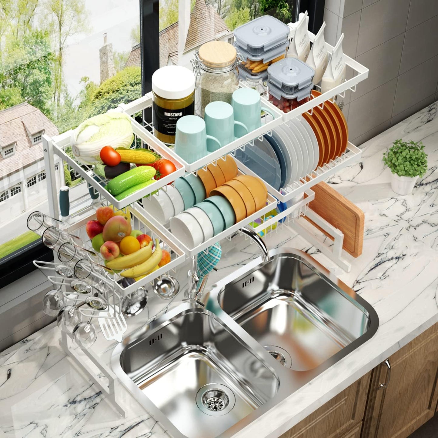 PUSDON Over the Sink Dish Drying Rack, 2 Tier Adjustable Large Capacity Stainless Steel Dish Rack for Kitchen Counter, Heavy Duty Space Saver Organizer with Utensil Holder, Black
