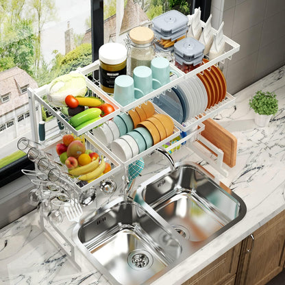 PUSDON Over the Sink Dish Drying Rack, 2 Tier Adjustable Large Capacity Stainless Steel Dish Rack for Kitchen Counter, Heavy Duty Space Saver Organizer with Utensil Holder, Black