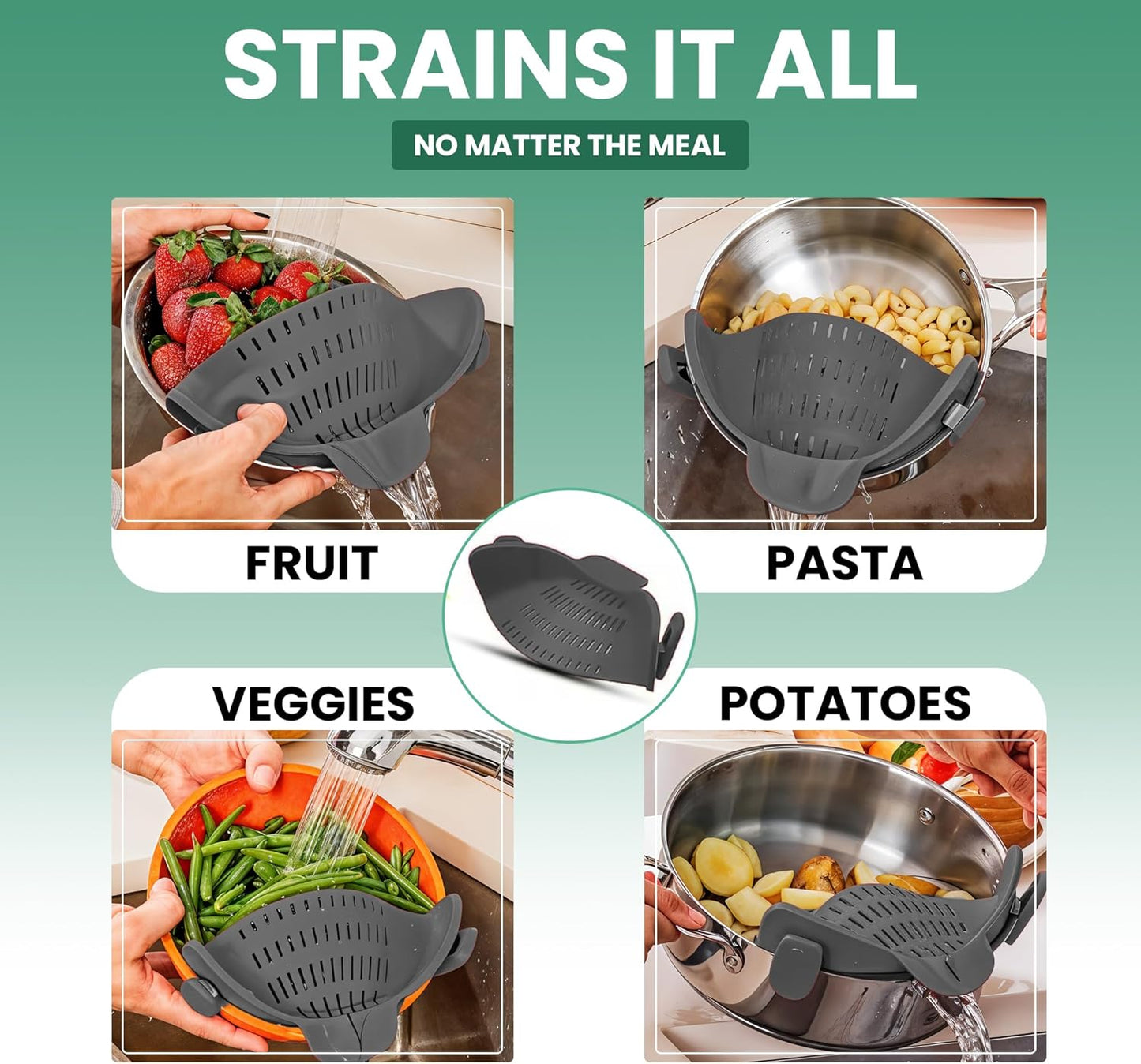 Pasta Strainer Clip-On for Pots and Pans – Heat Resistant Colander for Vegetables and Noodles – Space-Saving Design – BPA-Free, Dishwasher Safe, Universal Fit (Black)