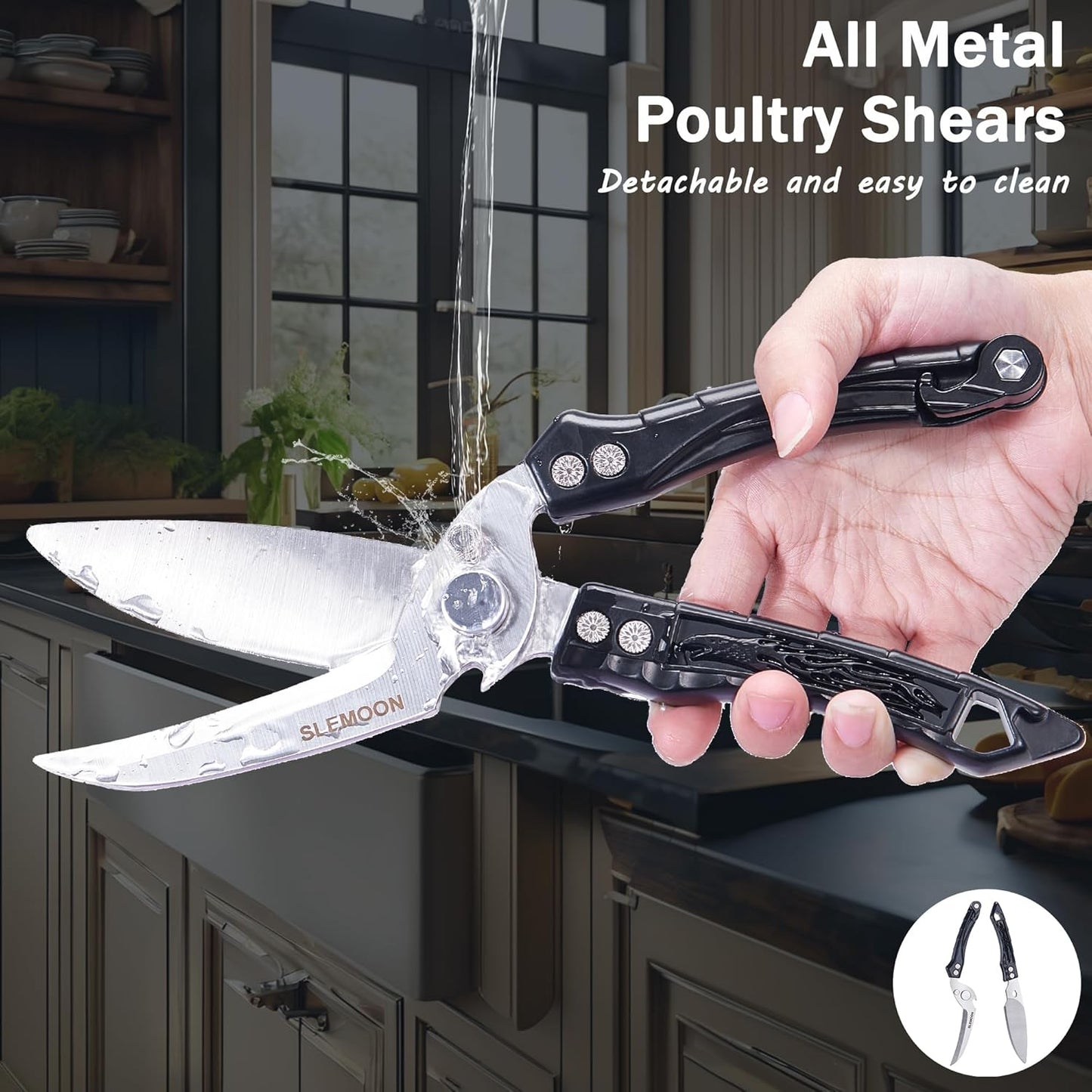 Heavy Duty Kitchen Poultry Shears - Professional Food Scissors for Spatchcocking Chicken, Cutting Raw Meat & Poultry Bones, Thick Steel Blades, Spring-Loaded, Dishwasher Safe Black
