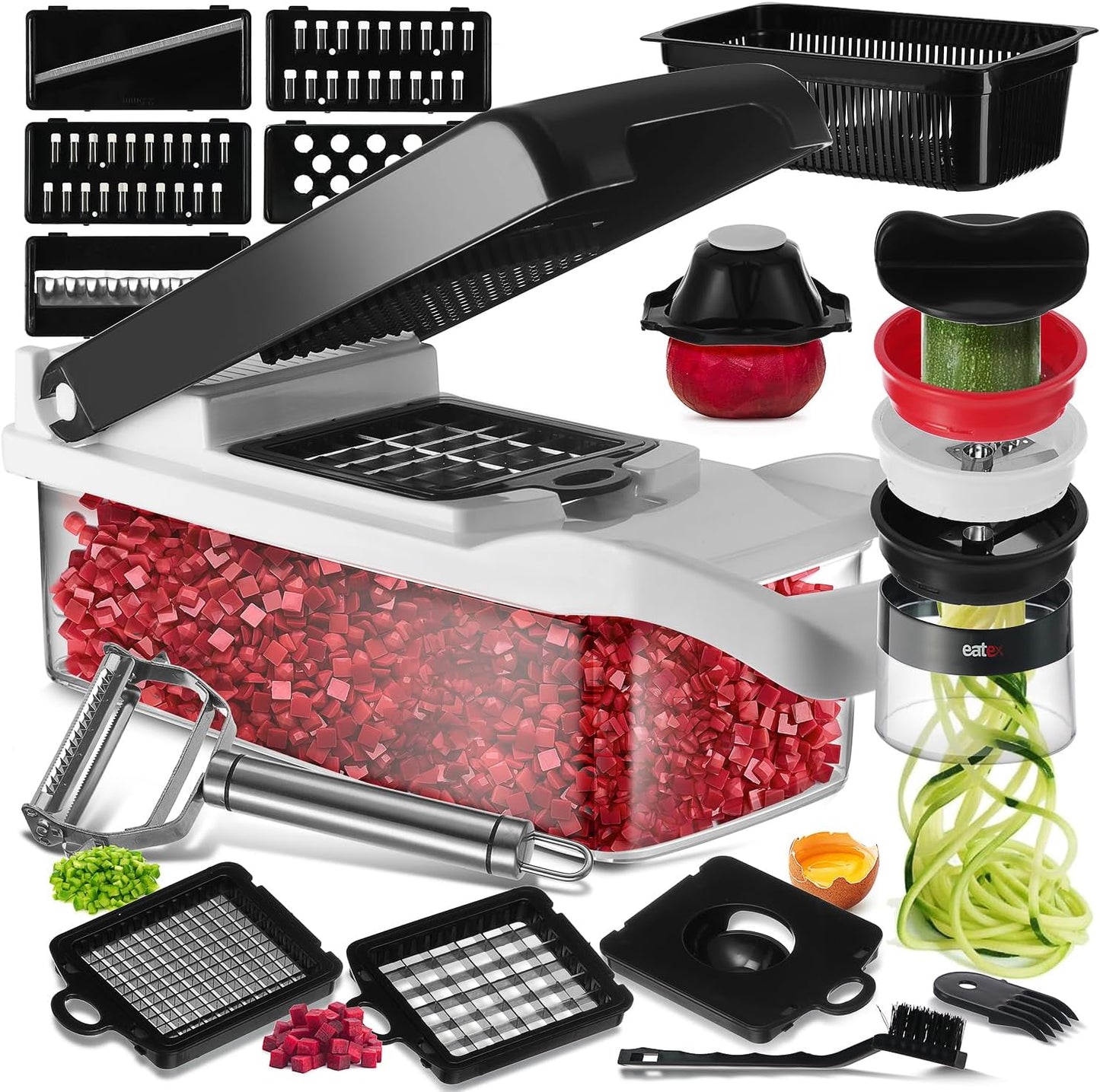 EatEx Vegetable Chopper with Container, Multifunctional Veggie Chopper Vegetable Cutter, Onion Chopper Dicer, Salad Chopper, Onion Cutter, 21 Piece Food Chopper, Vegetable Spiralizer, Julienne Peeler