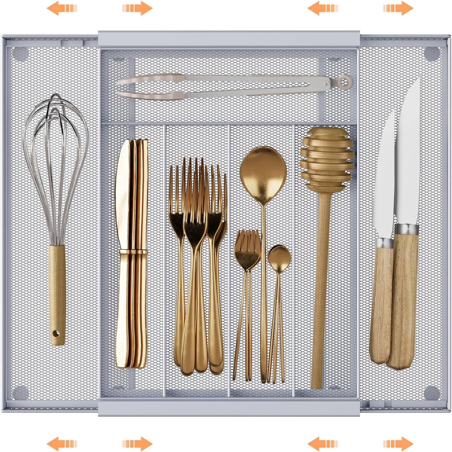 Sedegn Silverware Organizer Metal Mesh, Large Drawer Organizer, Utensil Cutlery Tray for kitchen drawers, Flatware Organizer with 6 Compartment, Black (11.3”*16“)