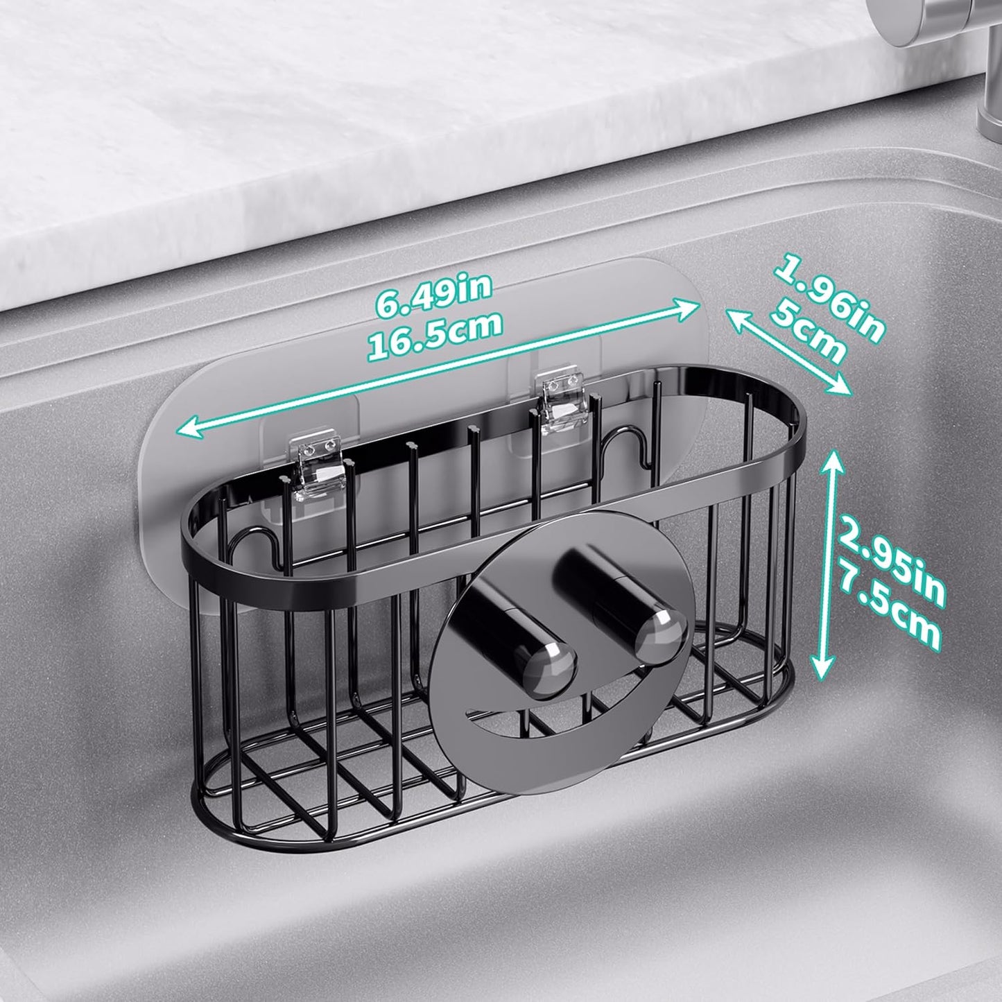HapiRm Multifunctional Sponge Holder with Unique M-Shaped, 2 Installation Methods Kitchen Sink Caddy Organizer, Rustproof Stainless Steel Kitchen Organizers and Storage Essentials - Black