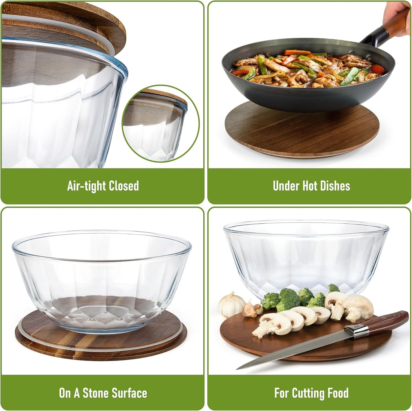 Set of 5 Nesting Glass Bowls with New Updated Acacia Lids for Foodprep, Storage, Mixing & Cooking - Microwave & Oven-ready BPA Free Durable Heat Resistant Inert Borosilicate Glass