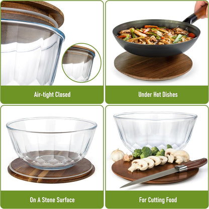Set of 5 Nesting Glass Bowls with New Updated Acacia Lids for Foodprep, Storage, Mixing & Cooking - Microwave & Oven-ready BPA Free Durable Heat Resistant Inert Borosilicate Glass