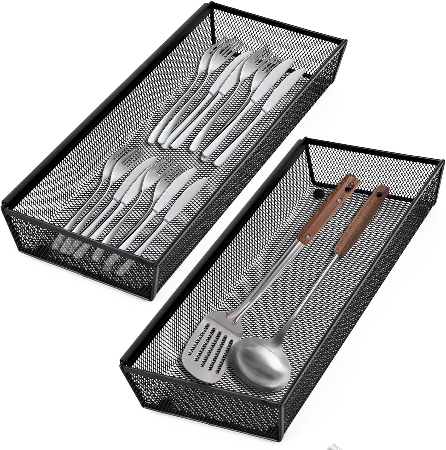 Neudeco Silverware Drawer Organizer - 5 Compartment Cutlery Tray with Non-Slip Feet, Mesh Wire Flatware Storage Divider for Kitchen, Bedroom, Living Room (Silver)