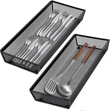 Neudeco Silverware Drawer Organizer - 5 Compartment Cutlery Tray with Non-Slip Feet, Mesh Wire Flatware Storage Divider for Kitchen, Bedroom, Living Room (Silver)