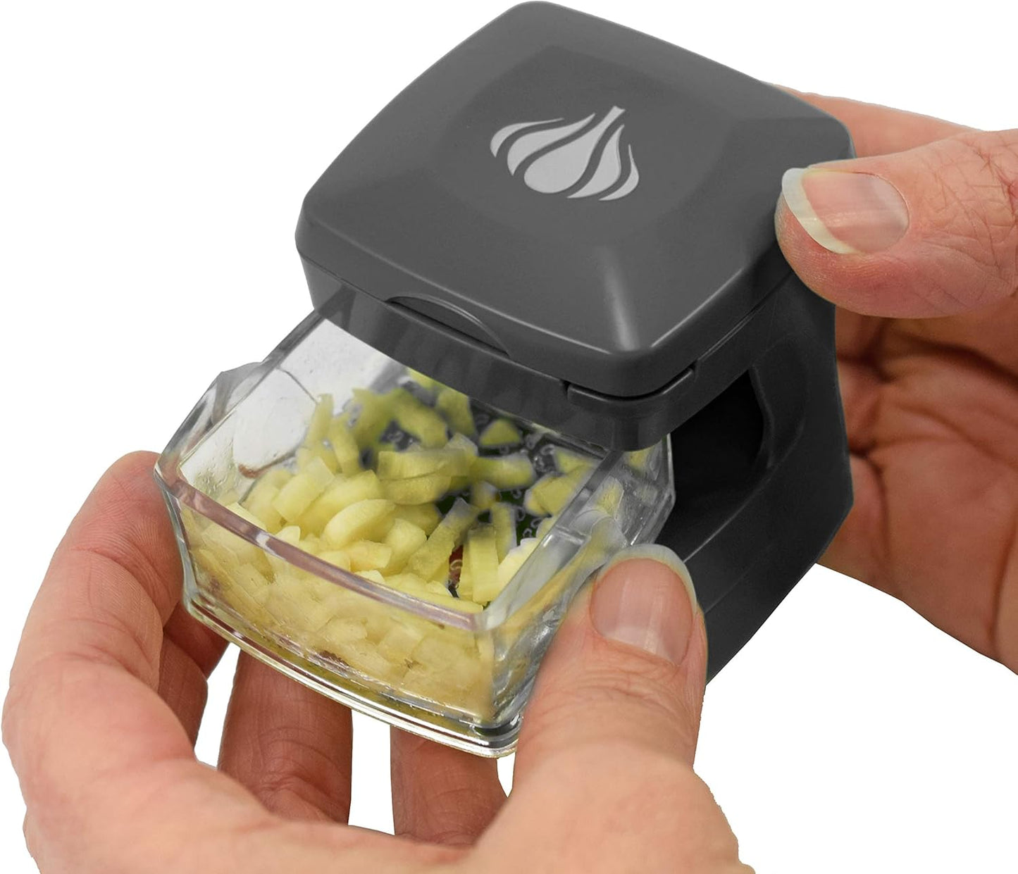 Garlic-A-Peel Garlic Press, Crusher, Cutter, Mincer, and Storage Container - Includes Silicone Garlic Peeler - Easy to Clean - Stainless Steel Blades – (Black), standard