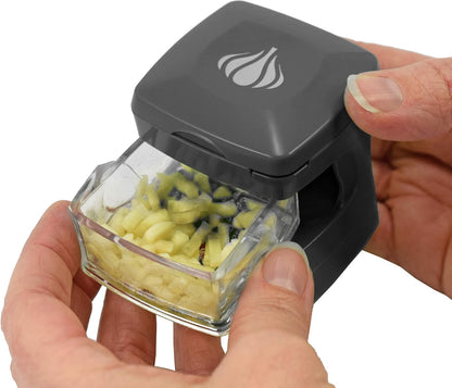 Garlic-A-Peel Garlic Press, Crusher, Cutter, Mincer, and Storage Container - Includes Silicone Garlic Peeler - Easy to Clean - Stainless Steel Blades – (Black), standard