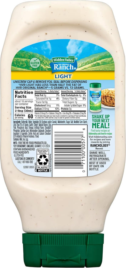 Hidden Valley Light Ranch Condiment and Dressing, Easy Squeeze Bottle, 16 Fl Oz, (Package May Vary)