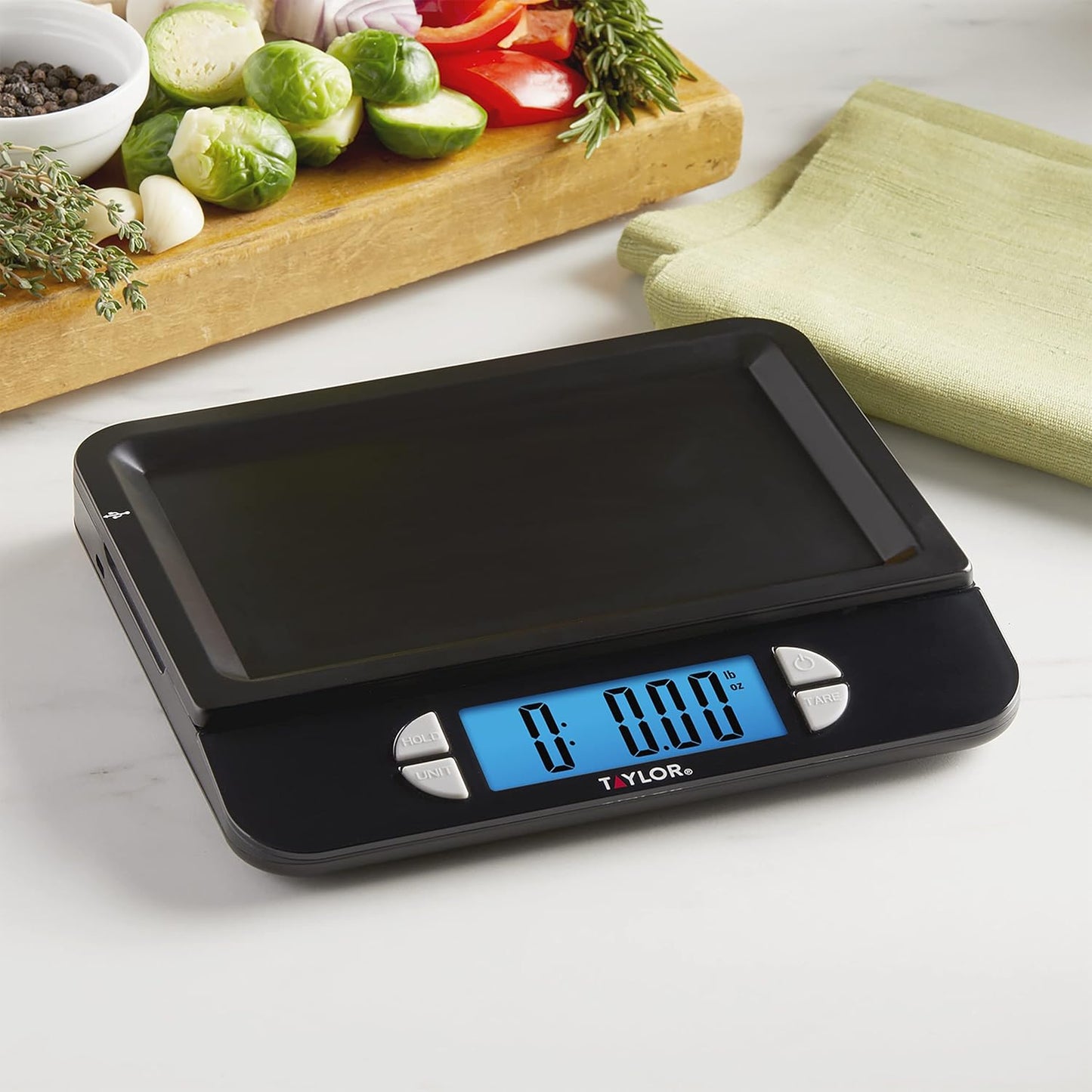 Taylor 22LB High Capacity Kitchen Food Scale with Stainless Steel Surface, Backlit Display, and USB Recharging Cord Included, White