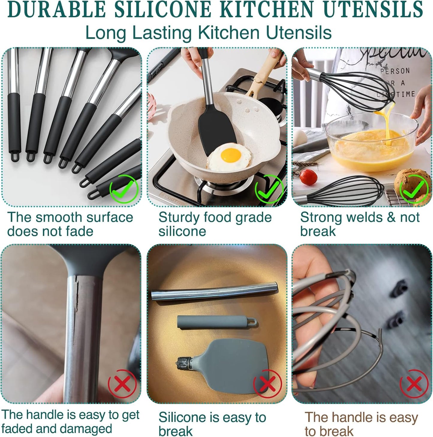 Silicone Cooking Utensil Set, Umite Chef 15pcs Silicone Cooking Kitchen Utensils Set, Non-stick - Best Kitchen Cookware with Stainless Steel Handle - Black Kitchen Utensils
