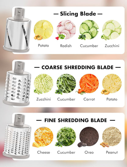 Cheese Grater Rotary, Rotary Grater for Kitchen, Kitchen Grater Vegetable Slicer with 3 Drum Blades, Fast Cutting Cheese Shredder for Vegetables and Nuts