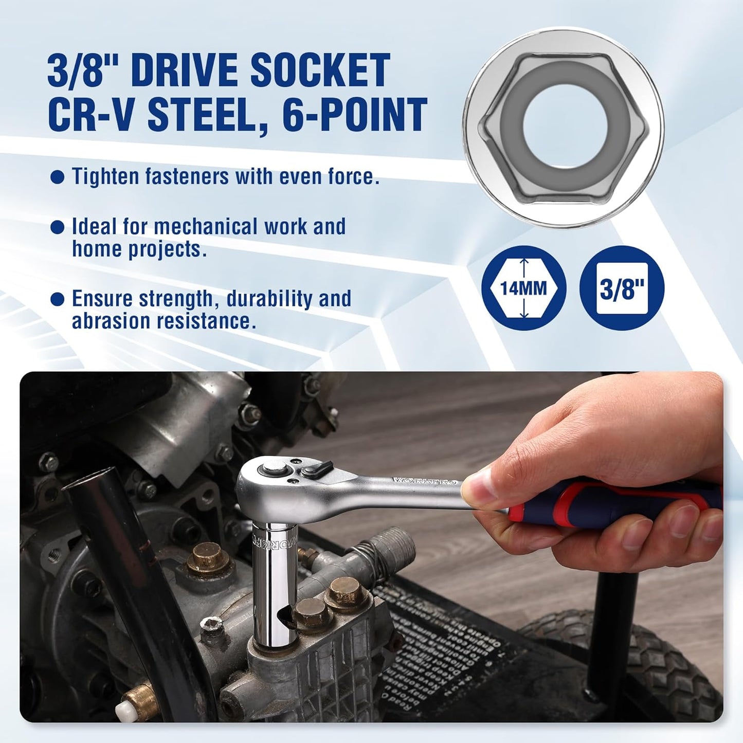 WORKPRO Socket Bottle Opener, 3/8 Inch Drive x 14 mm Socket, Deep Square Drive Socket, CR-V, 6-Point, Portable Detachable Key Ring - for Automotive Repair, House Projects, Machinery Work, Gift for Men