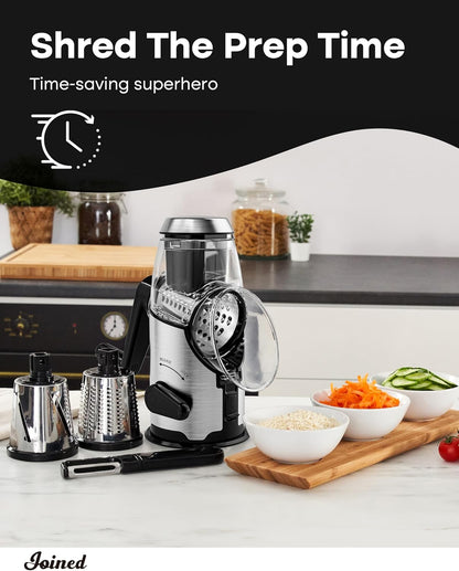 Joined Rotary Cheese Grater with Handle - Mandoline Slicer with 3 Stainless Steel Drum Blades-Vegetable Slicer Walnuts Grinder Cheese Shredder Round Mandoline with Peeler