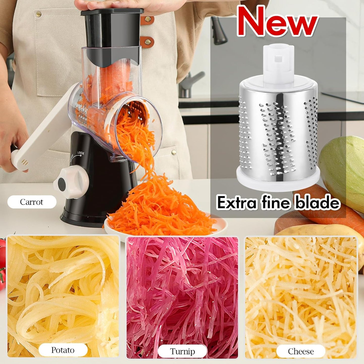 Ourokhome Rotary Cheese Grater Hand Crank, Kitchen Shredder Speed Mandolin Slicer Nut Grinder with Handle and Drum Blades for Cheese, Vegetable, Walnut, Chocolate, Potato, Carrot, 3 Blades, Dark Blue