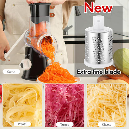 Ourokhome Rotary Cheese Grater Hand Crank, Kitchen Shredder Speed Mandolin Slicer Nut Grinder with Handle and Drum Blades for Cheese, Vegetable, Walnut, Chocolate, Potato, Carrot, 3 Blades, Dark Blue